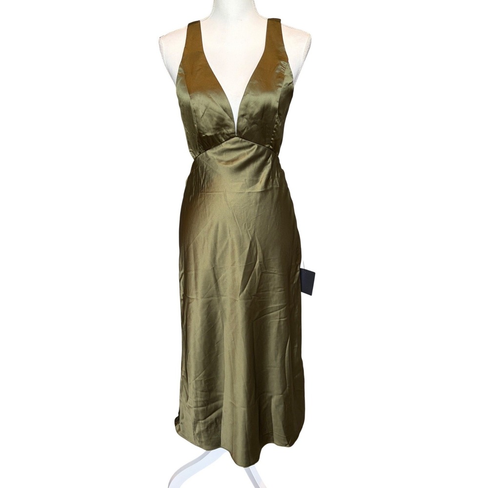 Lulus Olive Satin Plunge Midi Dress Medium NWT Wedding Guest Formal Size M - Picture 2 of 7